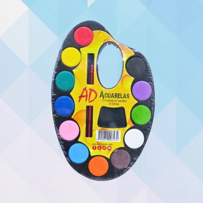 Acuarela escolar 12 col + pincel/paleta
